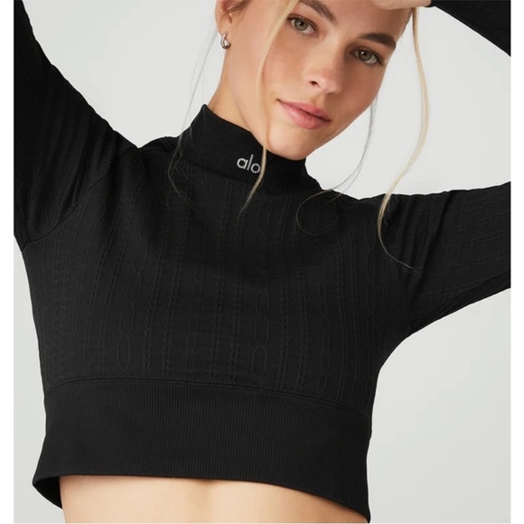 Alo Yoga Seamless Cropped Cable Knit Long Sleeve Top In Black L NWOT HTF - Picture 3 of 13